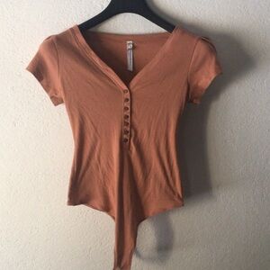 Free People Rust V-Neck Button Bodysuit